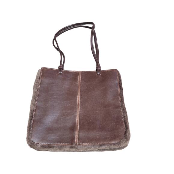 Bucket Purse Brown Faux Fur Edges 8" Height 8.5" Width - Picture 1 of 8